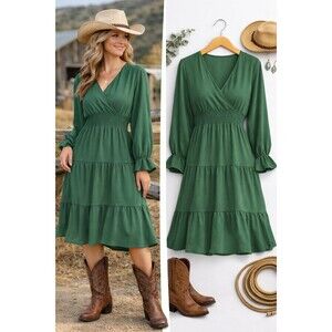 New Women's Casual Wrap V Neck Midi Dress Long Sleeve XL Smocked Tiered Green